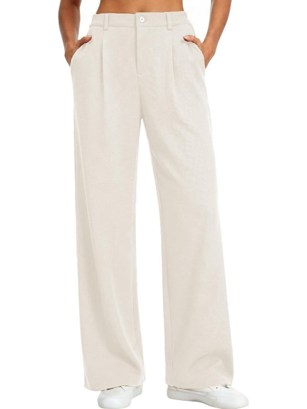 Women's Beige Wide Leg Pants Stretchy Work Dress Business Casual Comfort Trouser